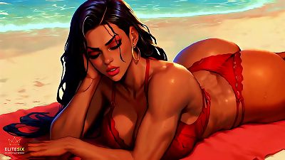 4K 100% AI Generated 3d soft Looping PMV &ndash; hefty caboose dark-hued delicate Beach Twerk: bikini rump shaking for unending Loops